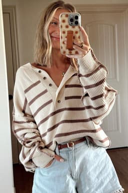 image-Brown Stripe Ribbed Henley Drop Shoulder Slouchy Sweater