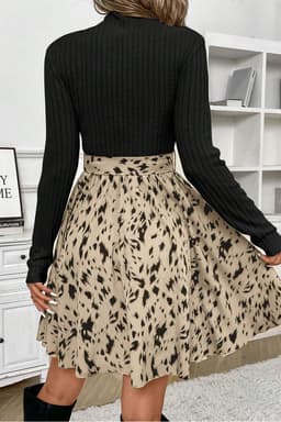 image-Ribbed Knit Patchwork A-line Dress - Beige