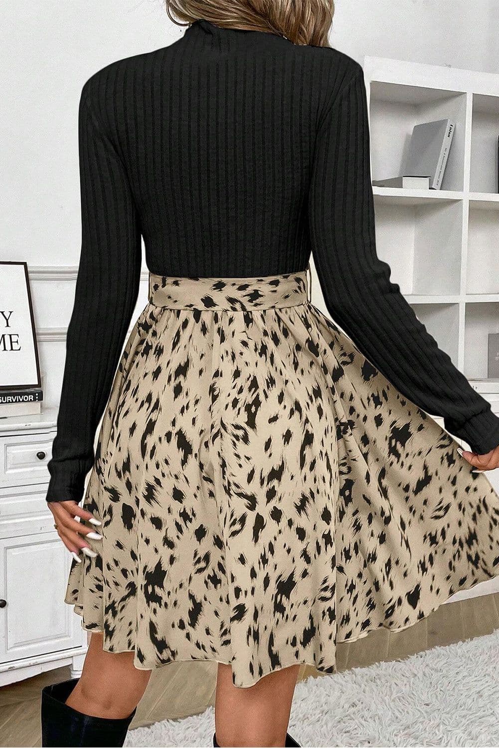 image-Ribbed Knit Patchwork A-line Dress - Beige