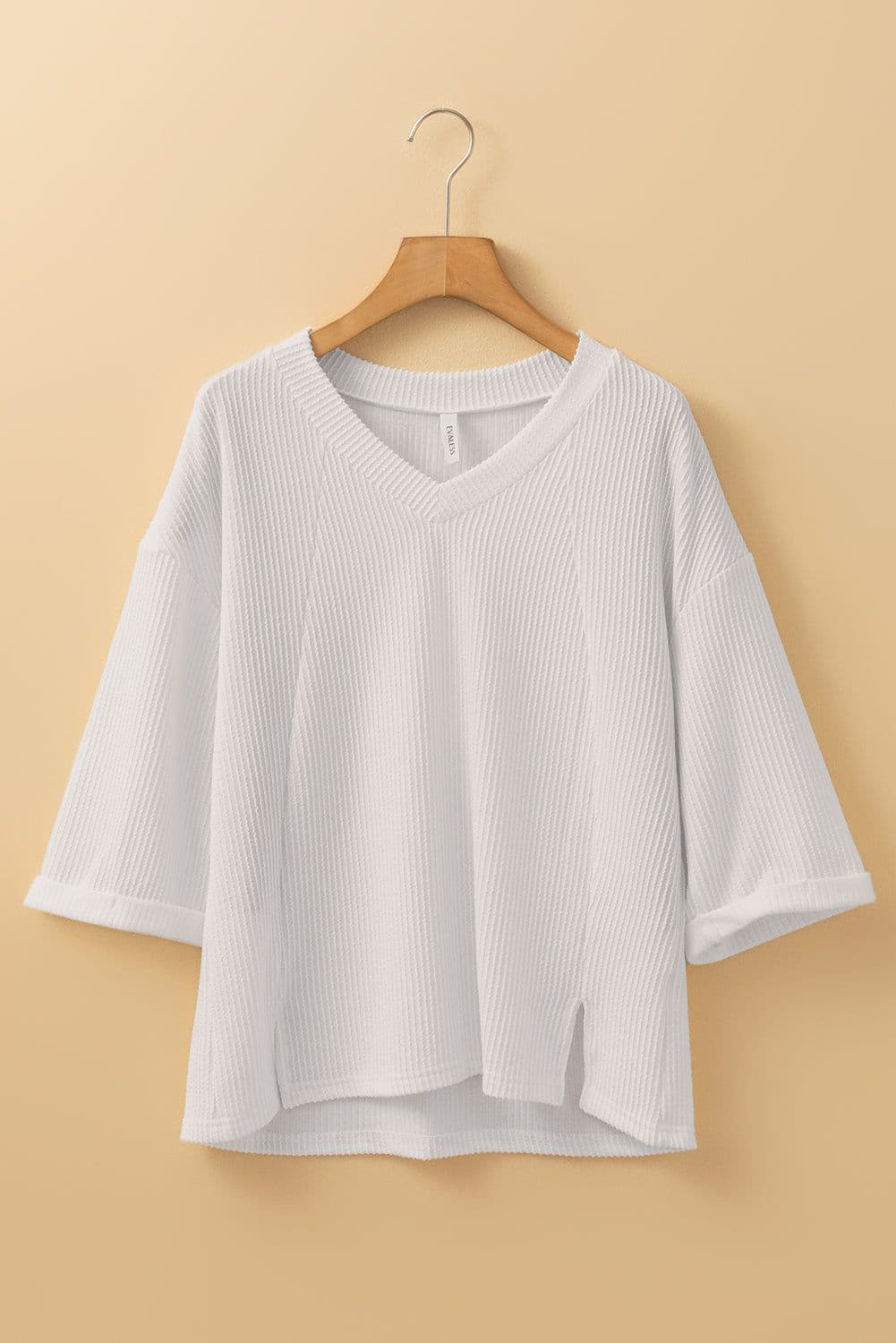 image-White 3/4 Sleeve V-Neck Drop Shoulder Top - Casual Solid Color (61 characters)