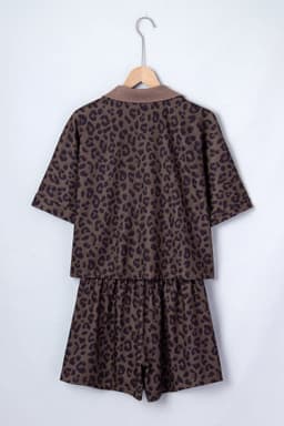 image-Brown V Neck Collar Leopard Printed 2pcs Short Set