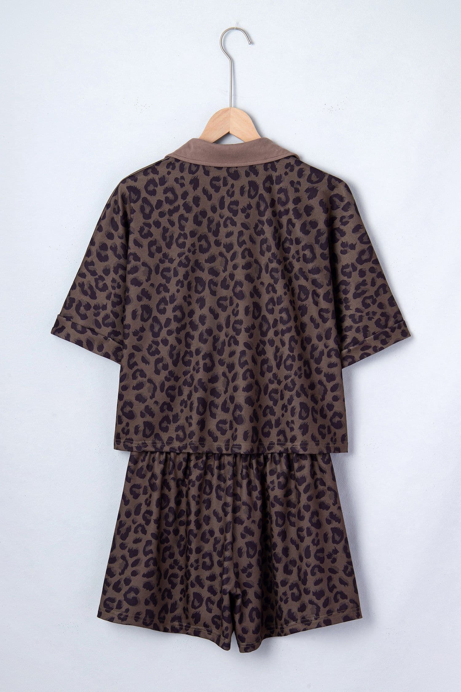 image-Brown V Neck Collar Leopard Printed 2pcs Short Set