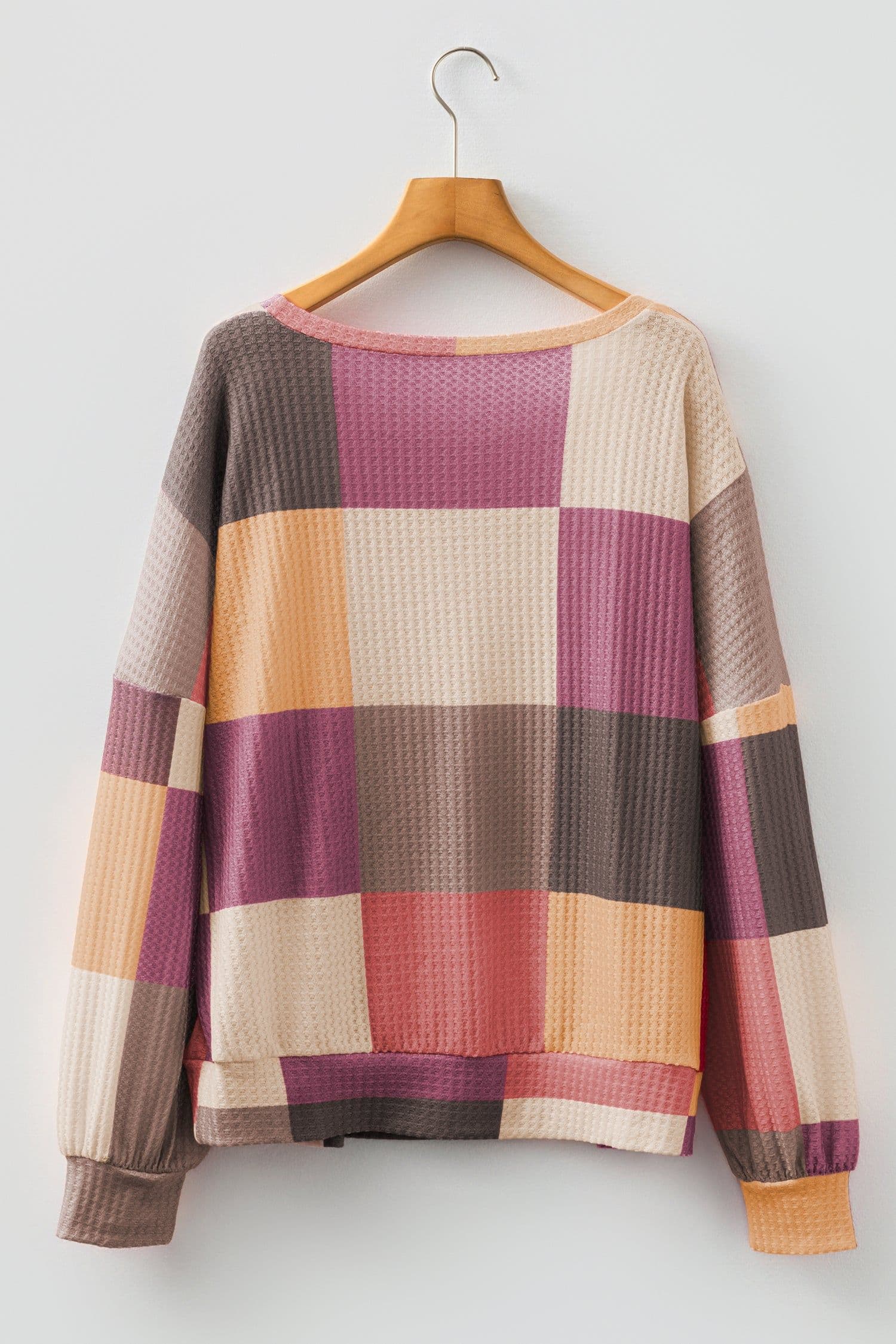 image-Rose Red Checkered Print Textured Knit Long Sleeve Loose Top