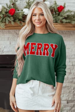 image-Blackish Green Twisted Rib Outlined Merry Letter Graphic Loose Long Sleeve Top