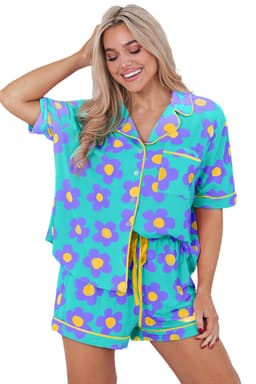 image-Green Flower Print Short Sleeve Pajamas Set