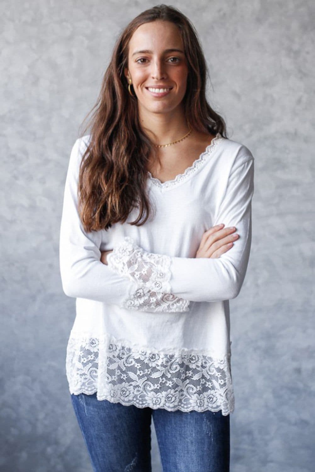 image-White Lace Trim V Neck Long Sleeve Top