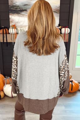 image-Gray Plus Size Leopard Color Block Dolman Sweatshirt