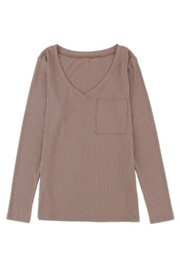 image-Khaki Ribbed Knit V Neck Top Chest Pocket