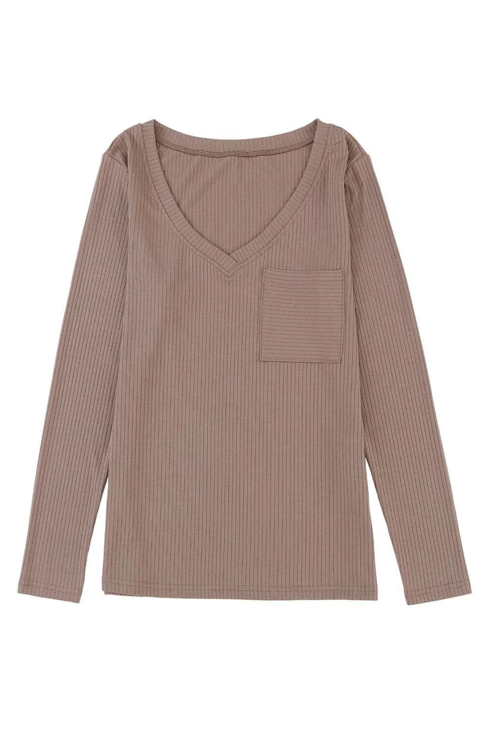 image-Khaki Ribbed Knit V Neck Top Chest Pocket