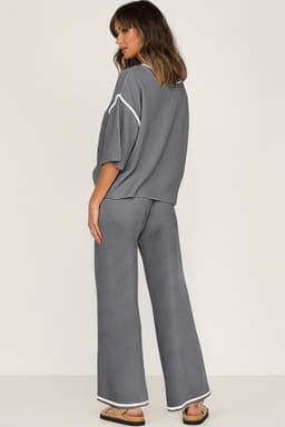 image-Medium Grey Contrast Trim Half Sleeve Top Drawstring Pants Loose 2pcs Sweater Suit