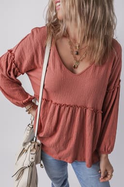 image-Mineral Red Textured Frilled Trim V Neck Blouse with Puff Sleeves