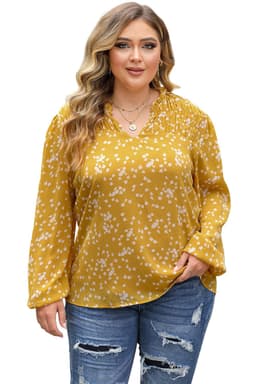 image-Yellow Plus Size Floral Print Ruched Blouse