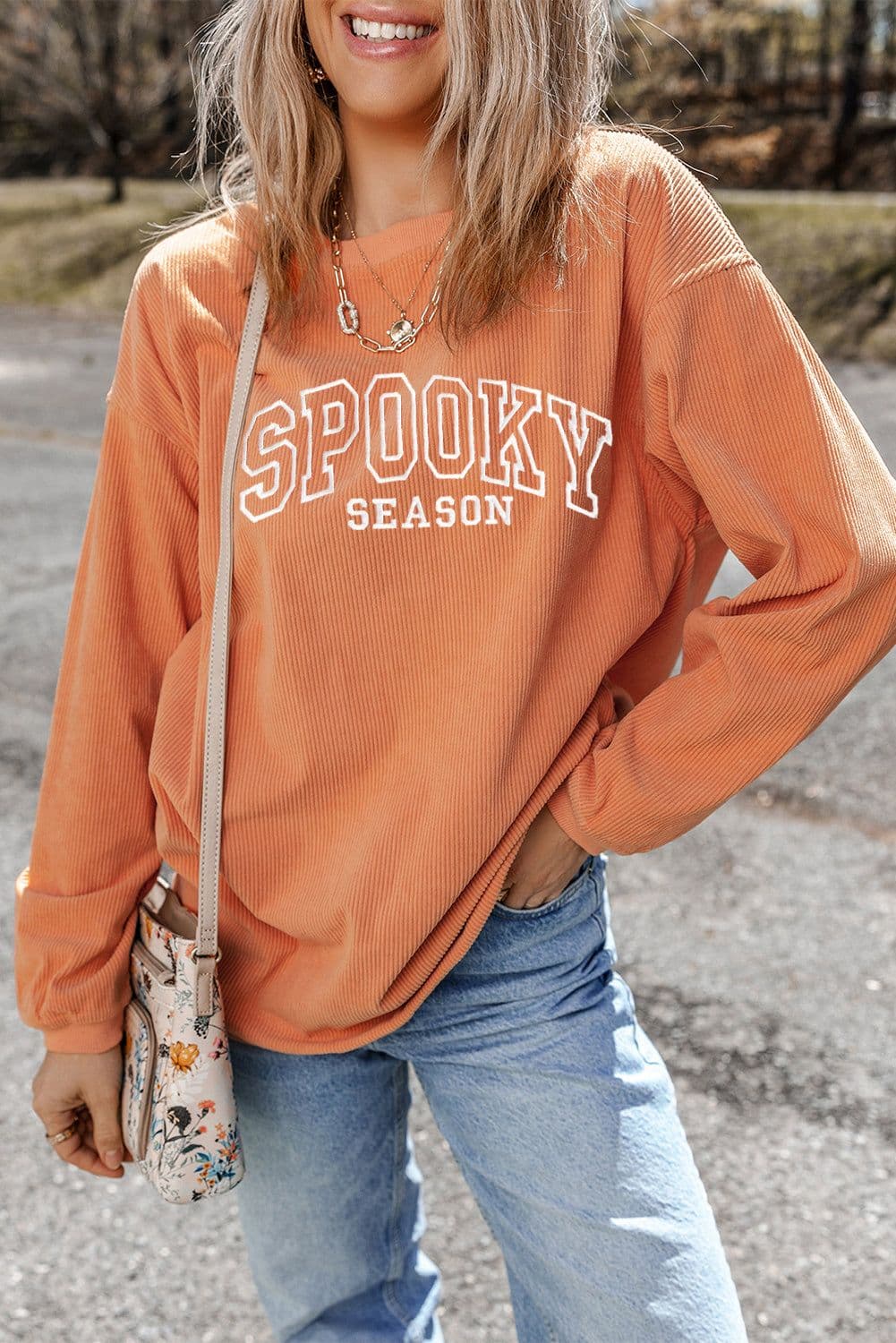 image-Spooky Season Embroidered Sweatshirt - Orange Ribbed