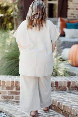 image-Beige Plus Size Textured Collared Top and Pants Set
