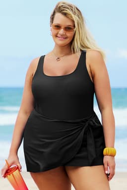 image-Black Solid Color Square Neck Knotted Plus Size One Piece Swimsuit