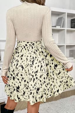 image-Ribbed Knit Patchwork A-line Dress - Beige
