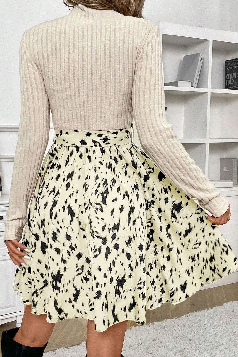 image-Ribbed Knit Patchwork A-line Dress - Beige
