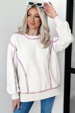 image-White Rainbow Stitching Balloon Sleeve Sweater