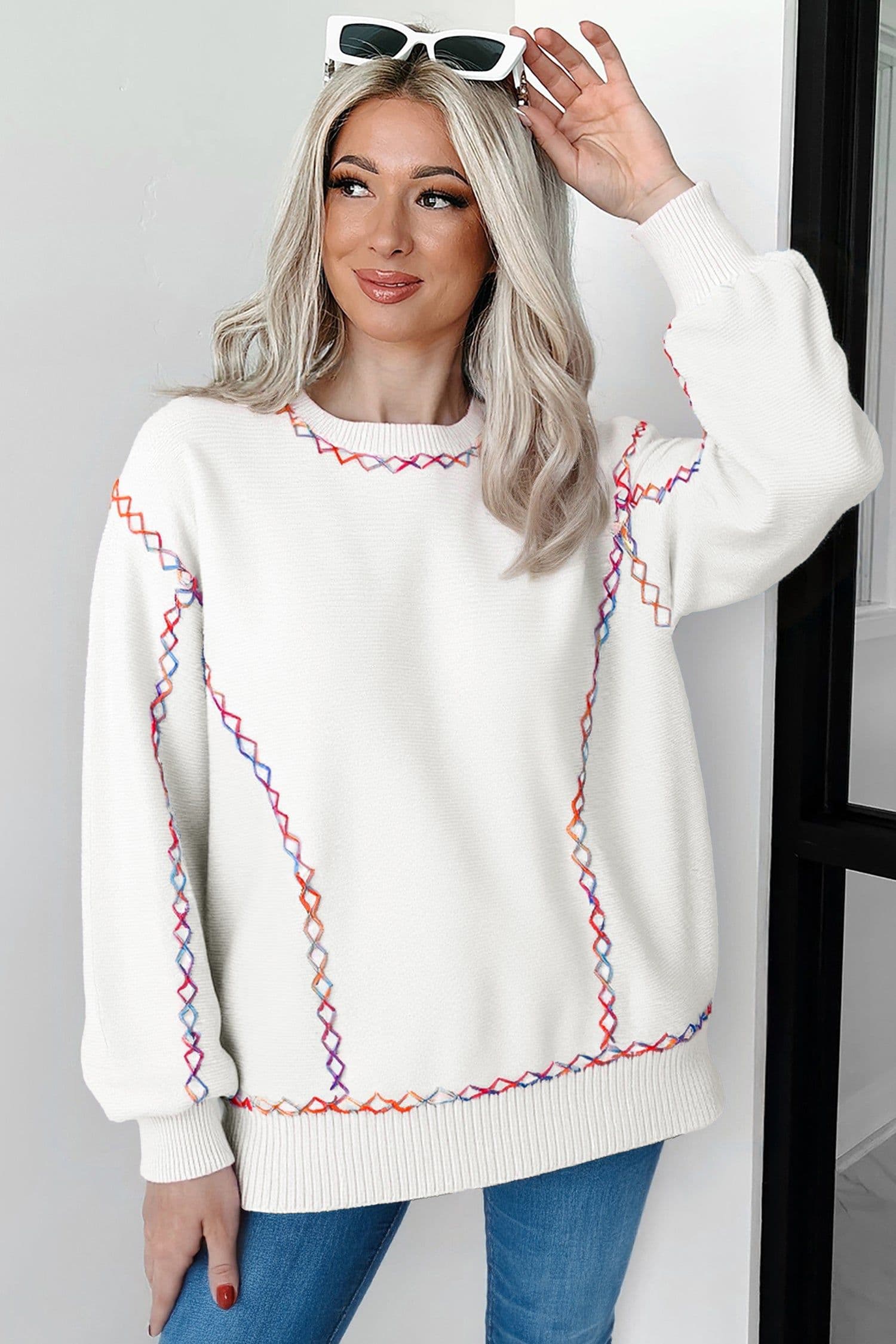 image-White Rainbow Stitching Balloon Sleeve Sweater