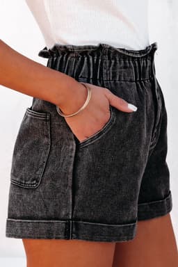 image-Vintage Washed Frilled High Waist Denim Shorts - Black (60 chars)