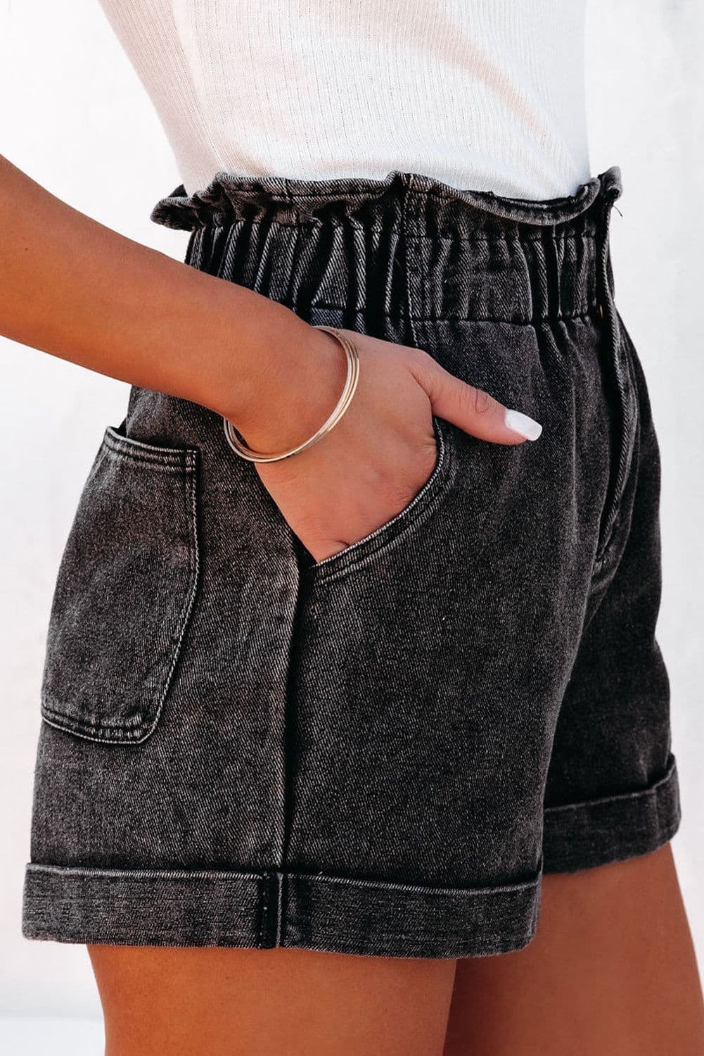 image-Vintage Washed Frilled High Waist Denim Shorts - Black (60 chars)