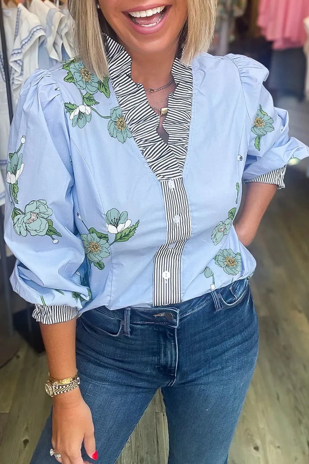 image-Sky Blue Floral Print Contrast Striped Trim Ruffled V Neck Fall Blouse