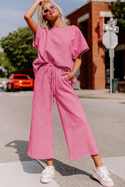 image-Strawberry Pink Textured Loose Fit T Shirt and Drawstring Pants Set