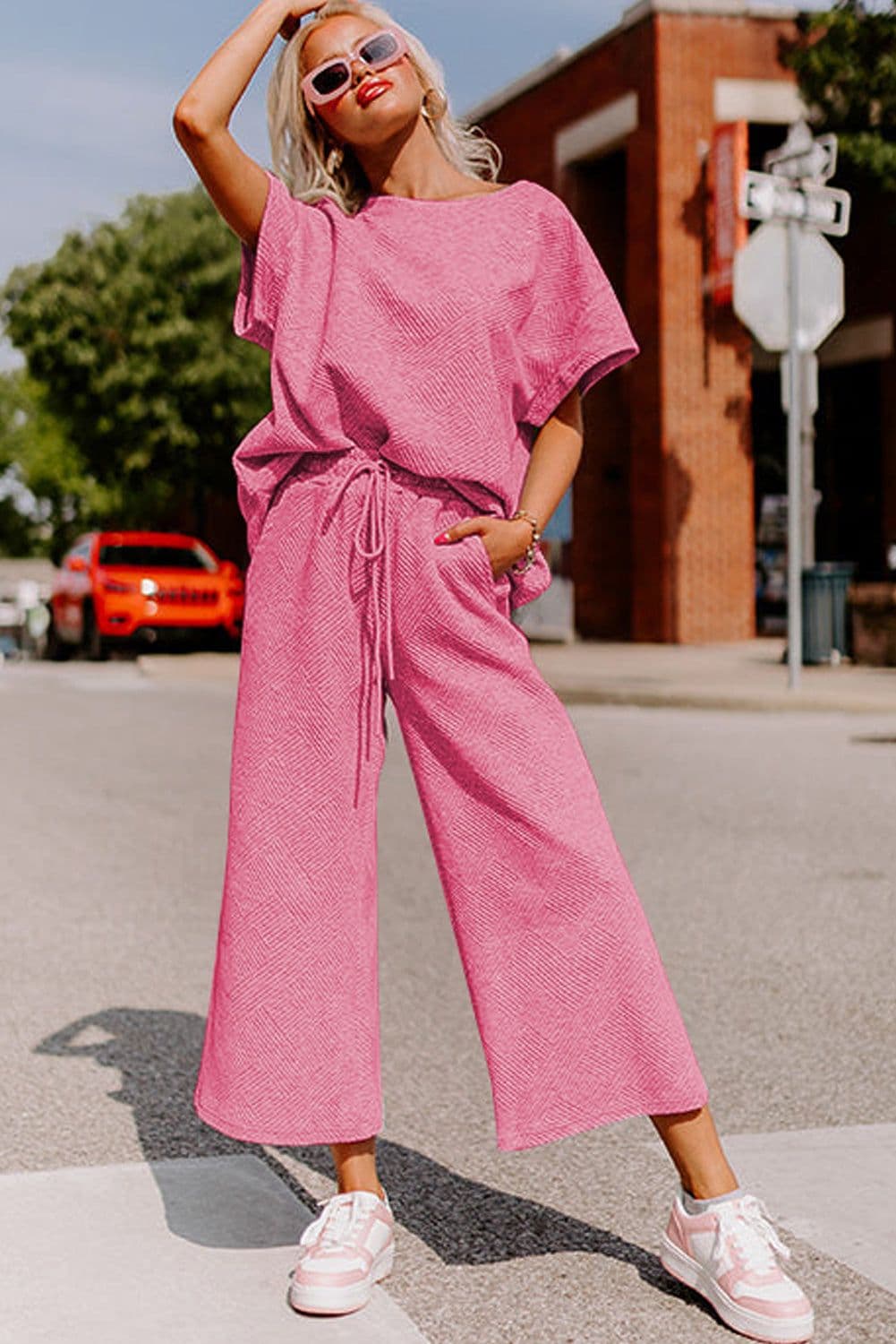 image-Strawberry Pink Textured Loose Fit T Shirt and Drawstring Pants Set