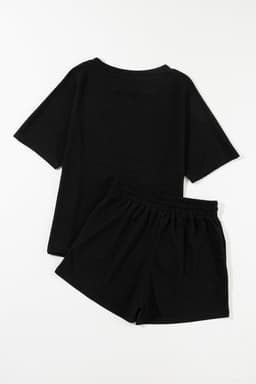 image-Rose Red Textured Tee and Drawstring Shorts Set