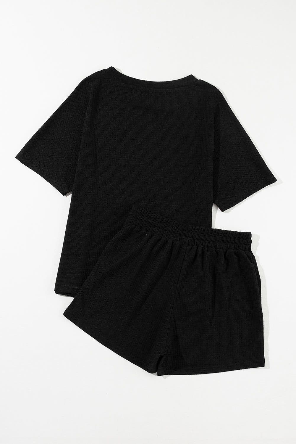 image-Rose Red Textured Tee and Drawstring Shorts Set