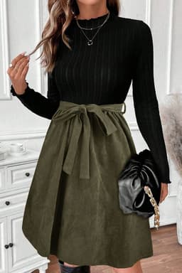 image-Black Ribbed Knit Flared Dress with Belt