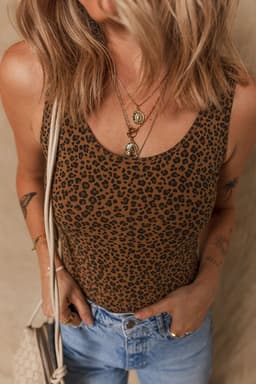 image-Brown Leopard Print Sleeveless Scoop Neck Bodysuit