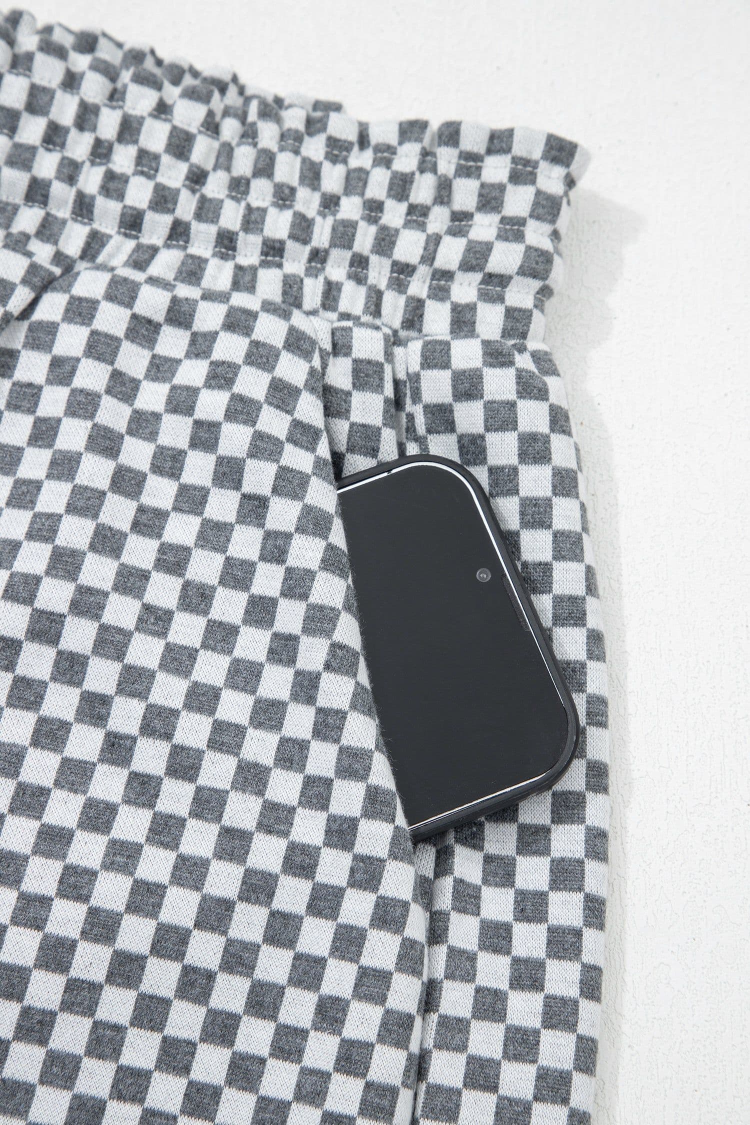 image-Gray Checkerboard Shorts - Drawstring Waist