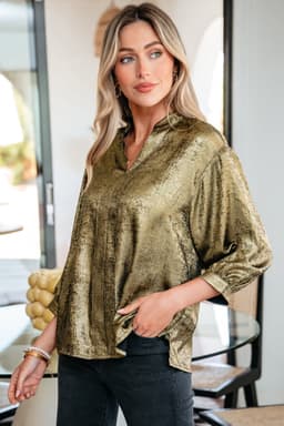 image-Gold Metallic Split Neck Half Sleeve Blouse