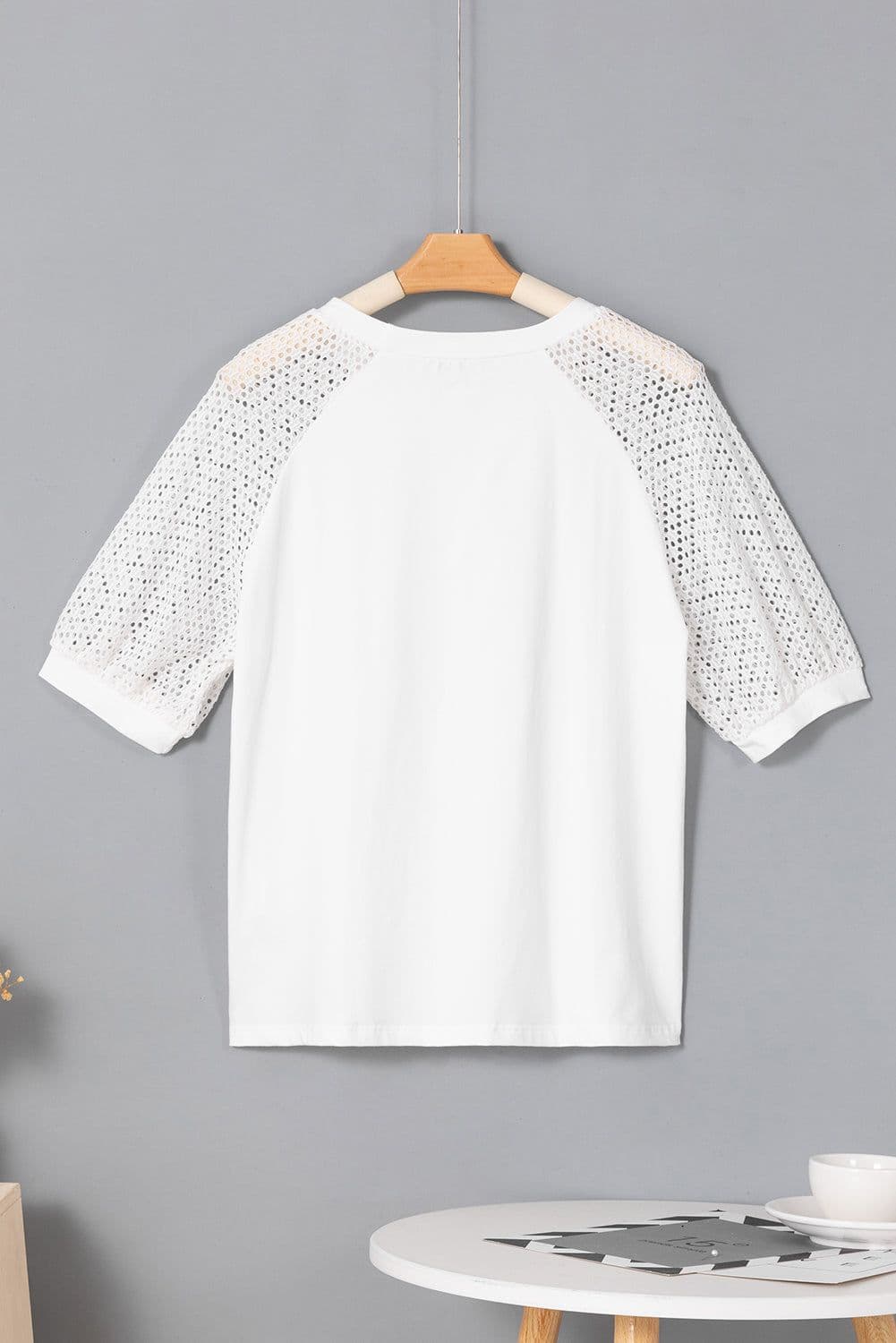 image-White Pointelle Lace Half Sleeve Crew Neck Tee