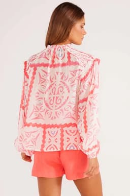 image-Vintage Desert Flower Blouse with Poet Collar & Billowy Sleeves