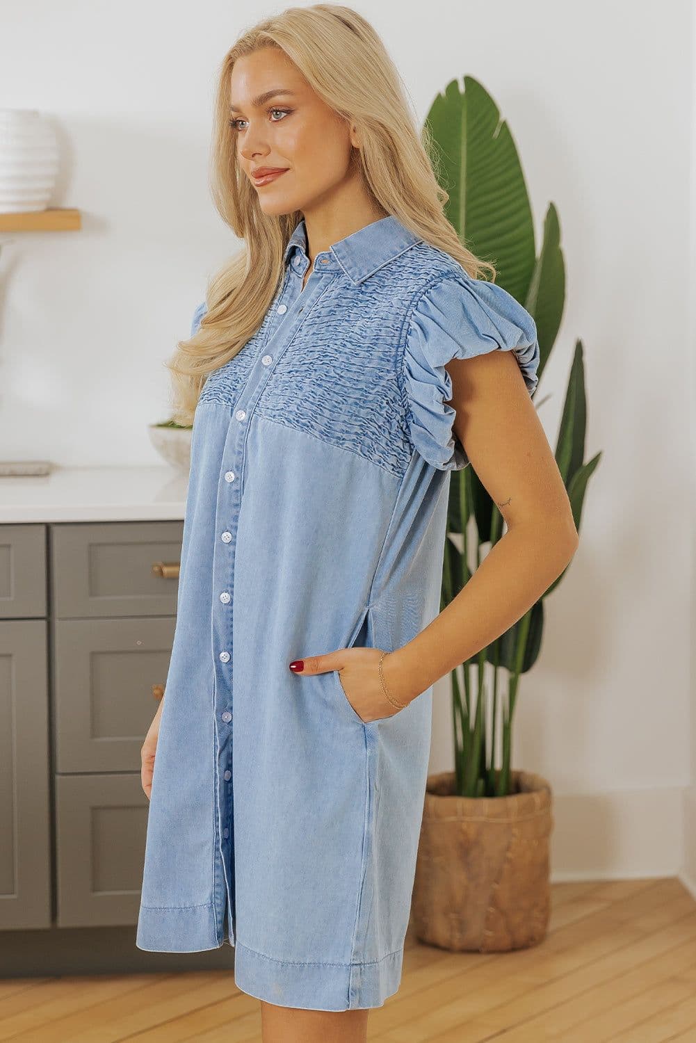 image-Beau Blue Denim Mini Dress with Flutter Sleeves and Shirred Detail