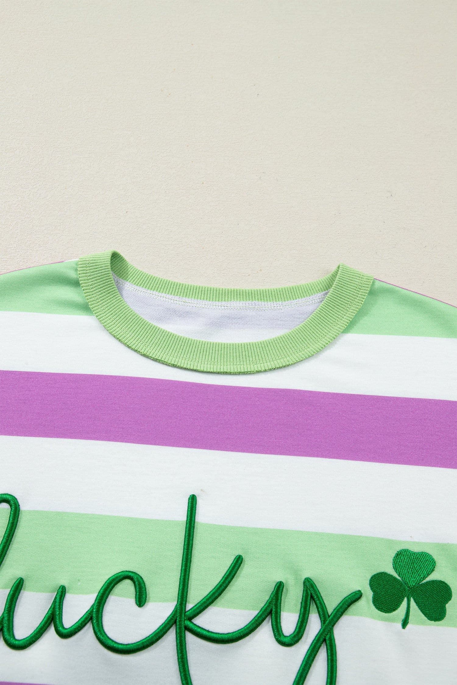 image-Green Stripe Lucky Clover Embroidered Graphic Dolman Loose Tee