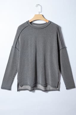 image-Black Twist Ribbed Long Sleeve Top - Exposed Seam