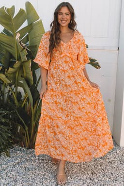 image-Orange Floral Smocked V Neck Maxi Dress Wide Sleeve
