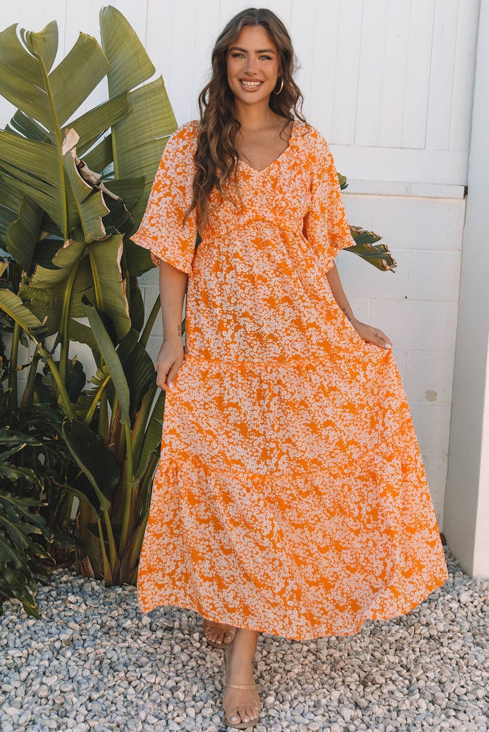 image-Orange Floral Smocked V Neck Maxi Dress Wide Sleeve