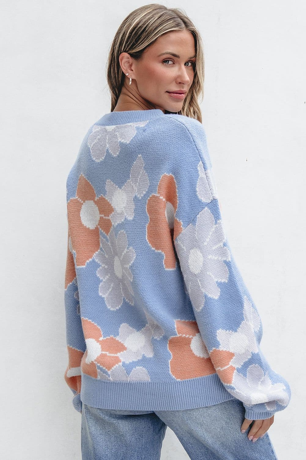 image-Beau Blue Floral O-Neck Drop Shoulder Sweater