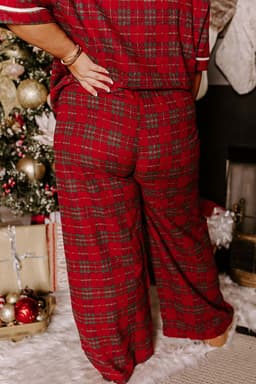 image-Red Plus Size Plaid Short Sleeve Shirt Loose Pants 2pcs Pajama Set
