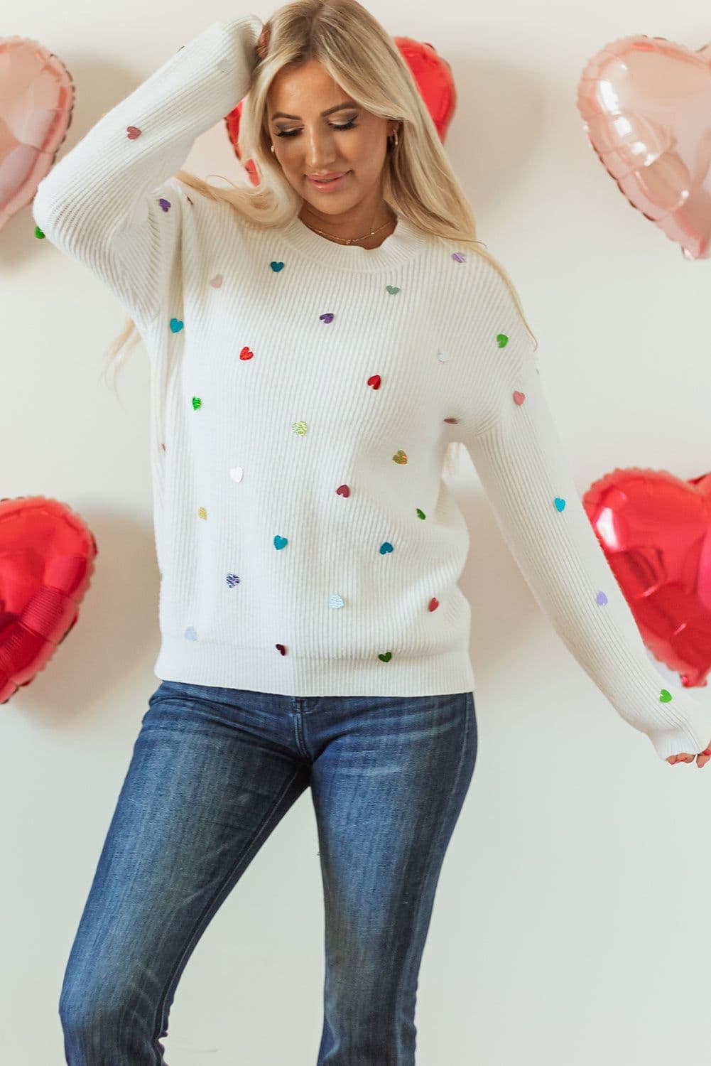 image-Beige Sequin Heart Waffle Knit Sweater (51 characters)
