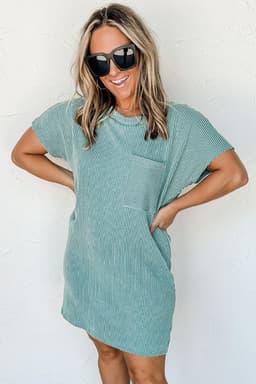 image-Blue Striped Ribbed Knit T-Shirt Shift Dress, Size Chart, Loose Fit, Fashionable Patch Pocket