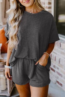 image-Phalaenopsis Ribbed Textured Knit Loose Fit Tee and Shorts Set