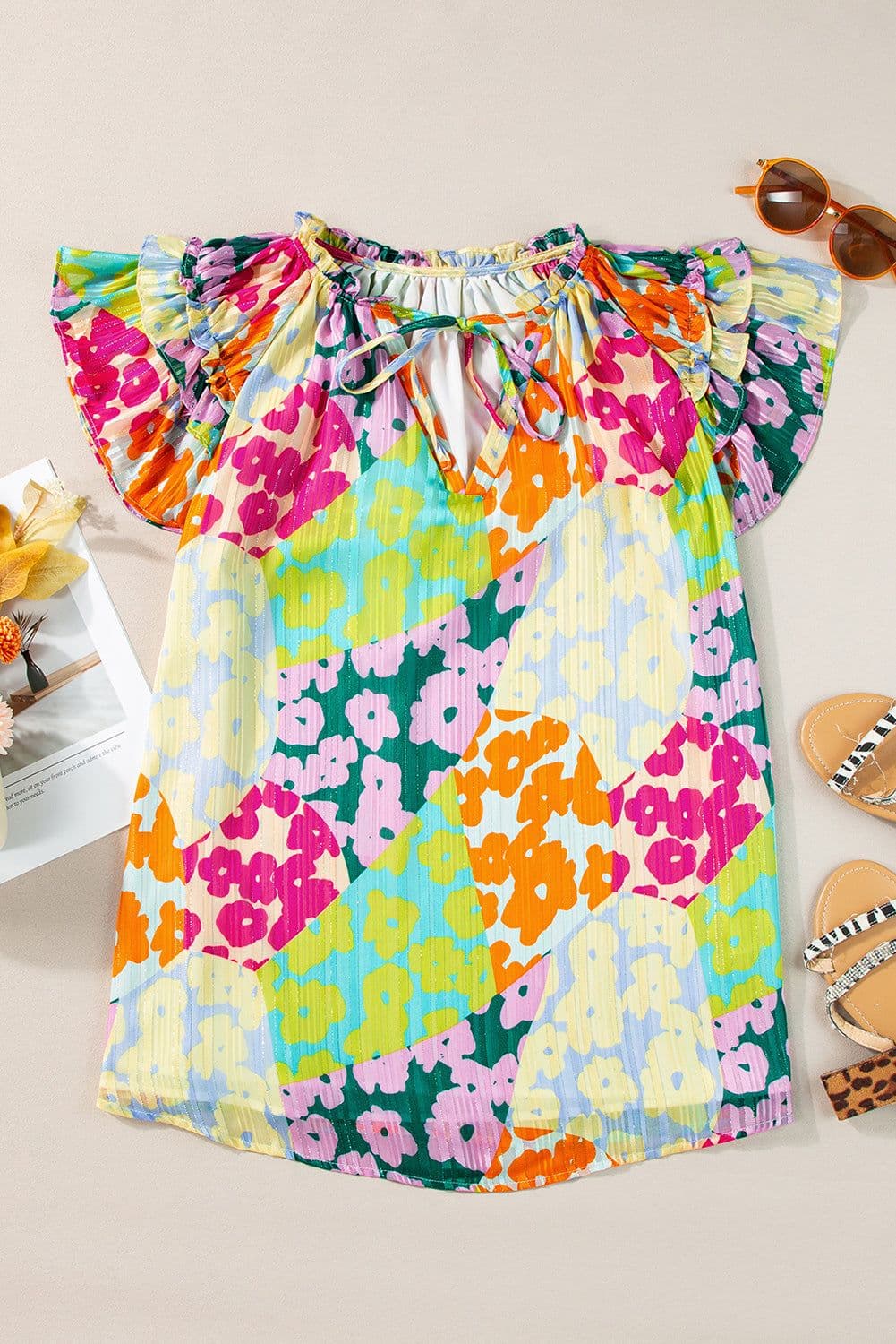 image-Leopard Flutter Sleeve V Neck Crinkled Blouse - Multicolour