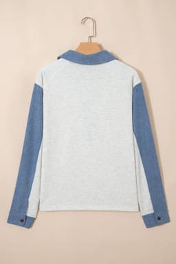 image-Light Grey Denim Patchwork Polo Top - Long Sleeve