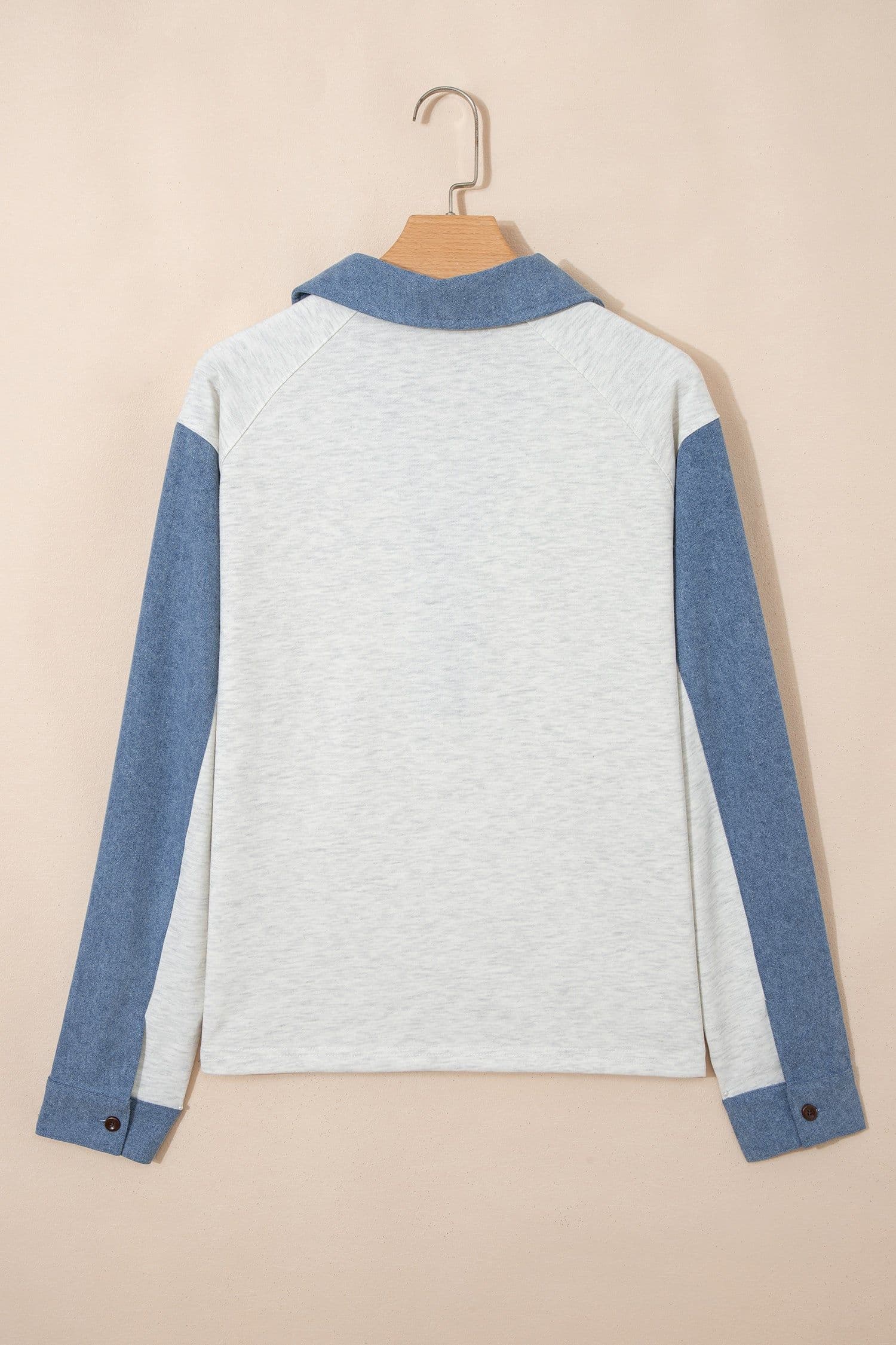 image-Light Grey Denim Patchwork Polo Top - Long Sleeve