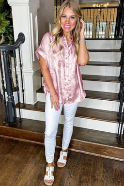 image-Pink Metallic Sheen Short Sleeve Buttoned Shirt